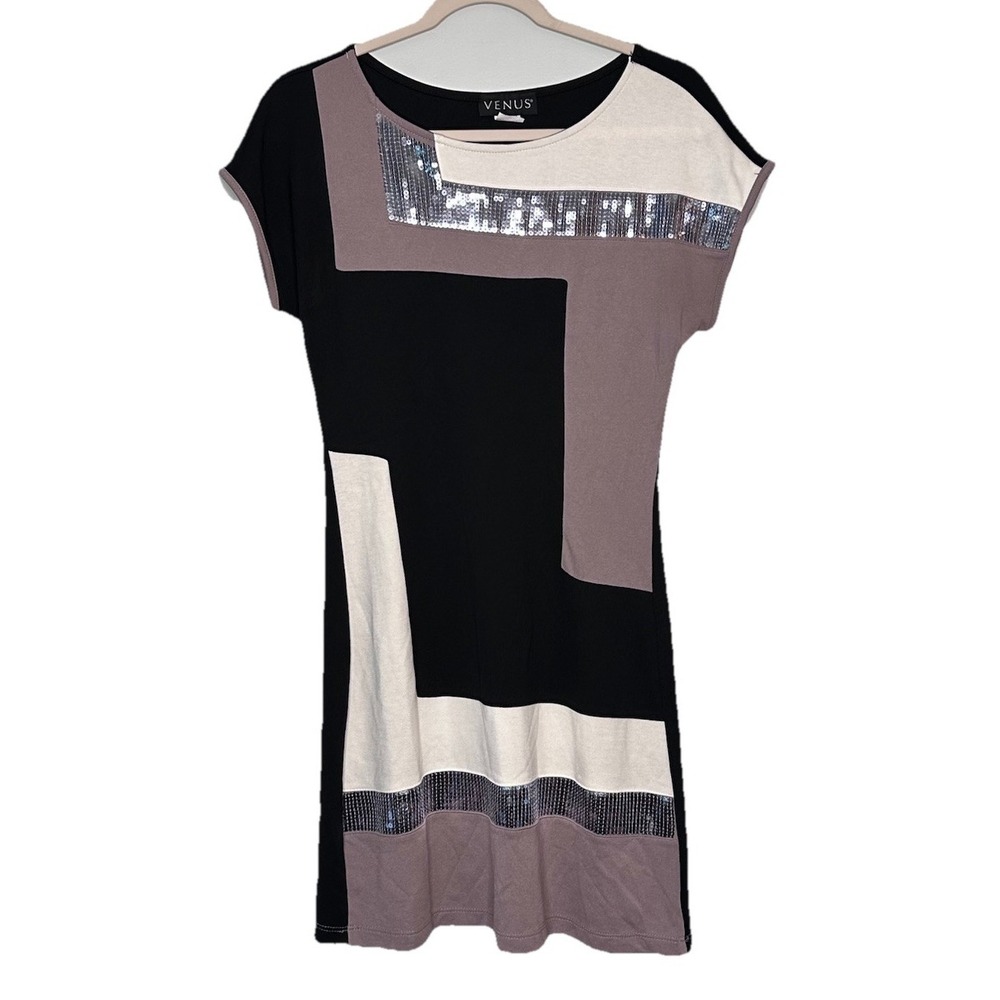 Venus Color-Block Sequin Knit Sheath Mini Dress Women Small Black Lavender Cream